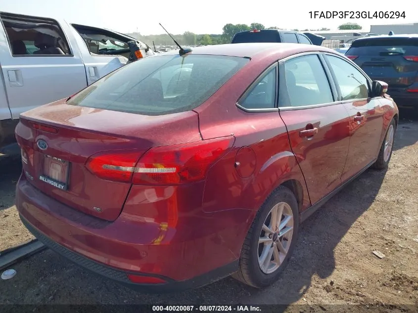 2016 Ford Focus Se VIN: 1FADP3F23GL406294 Lot: 40020087