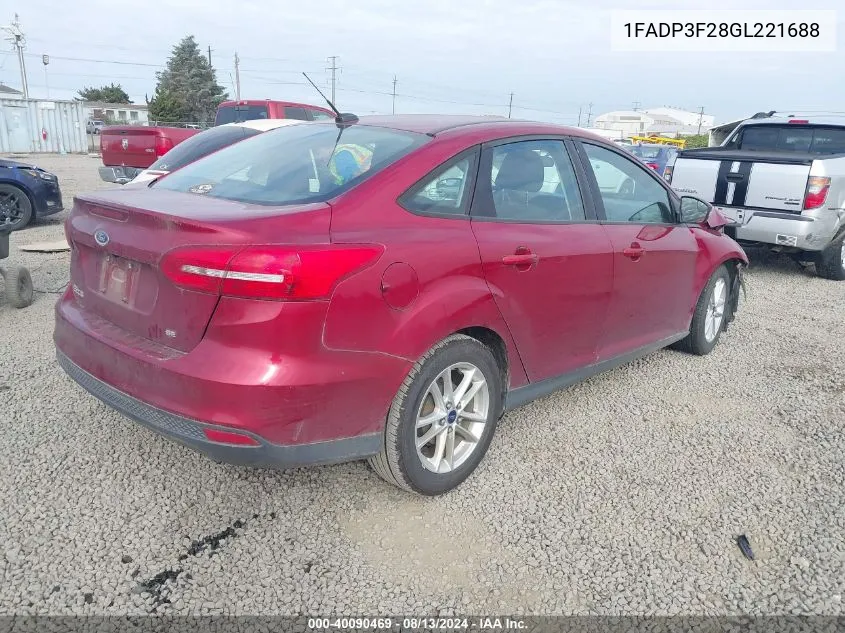 2016 Ford Focus Se VIN: 1FADP3F28GL221688 Lot: 40090469