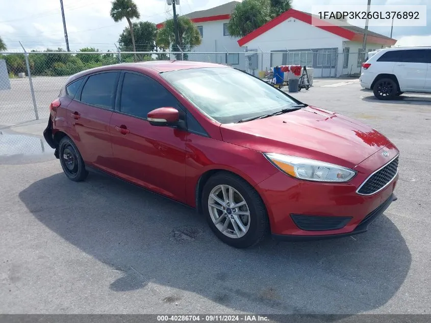 2016 Ford Focus Se VIN: 1FADP3K26GL376892 Lot: 40286704