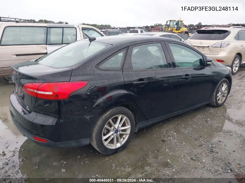 2016 Ford Focus Se VIN: 1FADP3FE3GL248114 Lot: 40445031