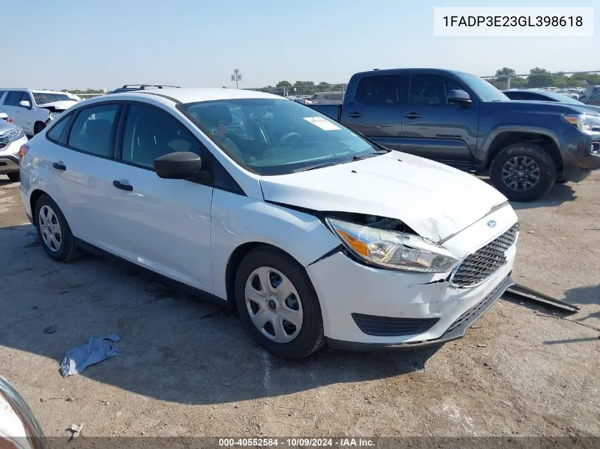 2016 Ford Focus S VIN: 1FADP3E23GL398618 Lot: 40552584