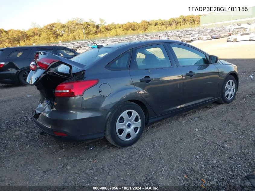 2016 Ford Focus S VIN: 1FADP3E28GL401156 Lot: 40657056