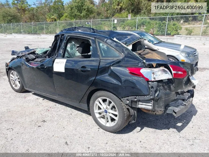 2016 Ford Focus Se VIN: 1FADP3F26GL400599 Lot: 40657273