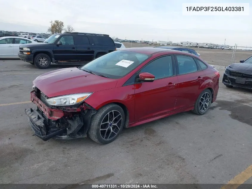 2016 Ford Focus Se VIN: 1FADP3F25GL403381 Lot: 40711331