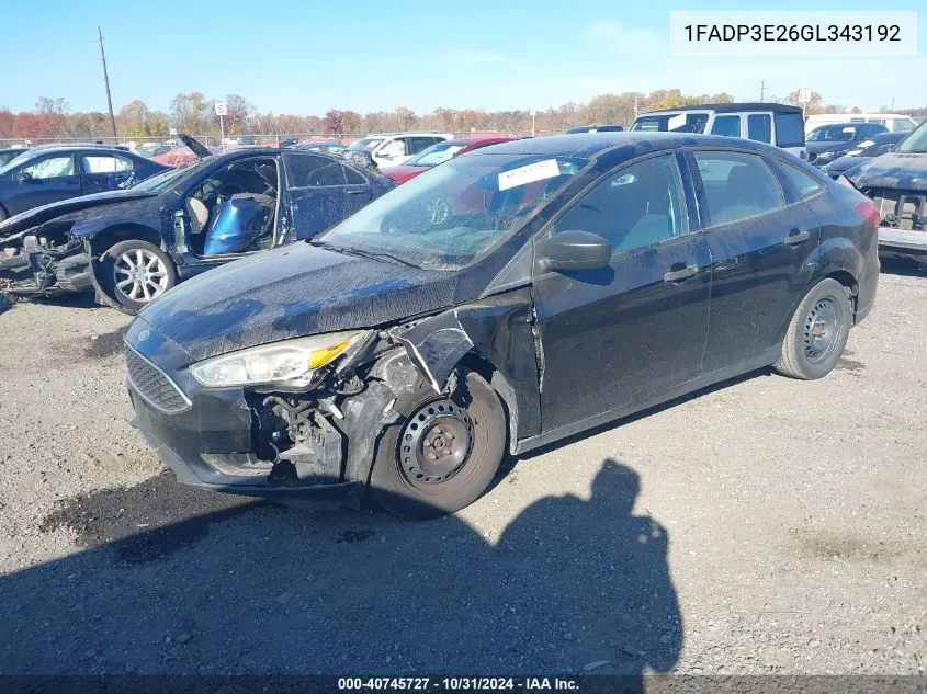 2016 Ford Focus S VIN: 1FADP3E26GL343192 Lot: 40745727