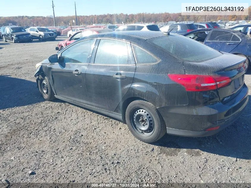 2016 Ford Focus S VIN: 1FADP3E26GL343192 Lot: 40745727