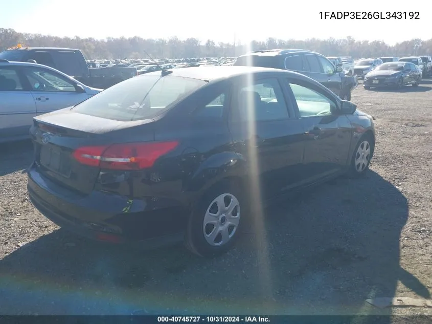 2016 Ford Focus S VIN: 1FADP3E26GL343192 Lot: 40745727