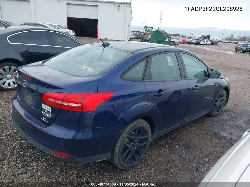 2016 Ford Focus Se VIN: 1FADP3F22GL298928 Lot: 40774359