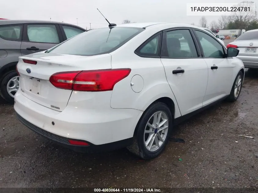 2016 Ford Focus S VIN: 1FADP3E20GL224781 Lot: 40830644