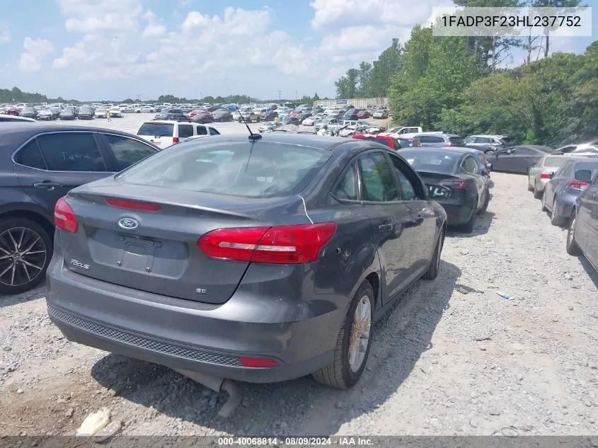 2017 Ford Focus Se VIN: 1FADP3F23HL237752 Lot: 40068814