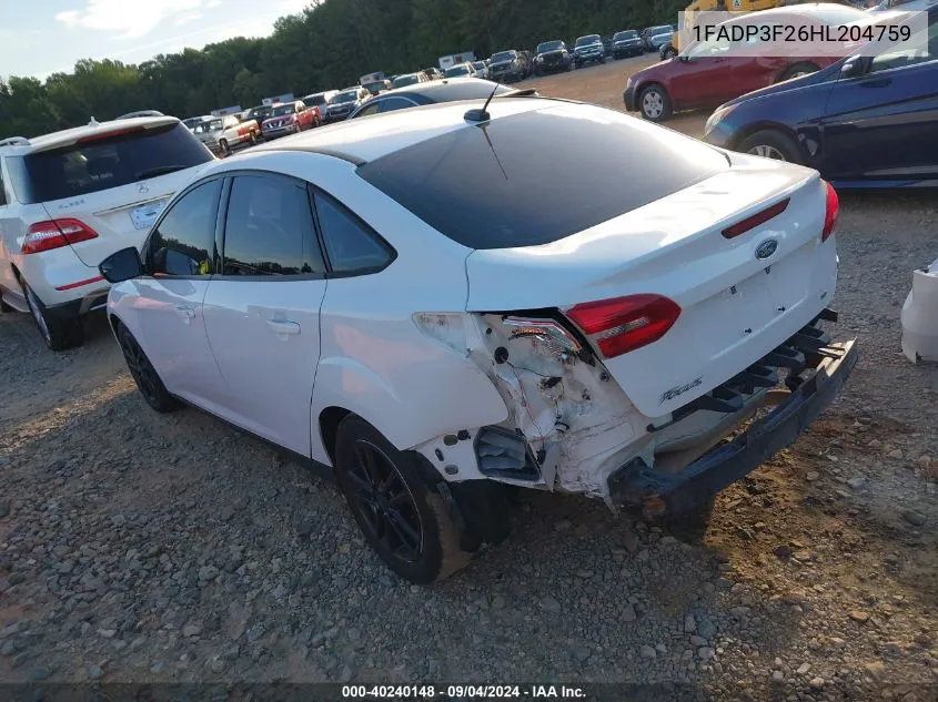 2017 Ford Focus Se VIN: 1FADP3F26HL204759 Lot: 40240148