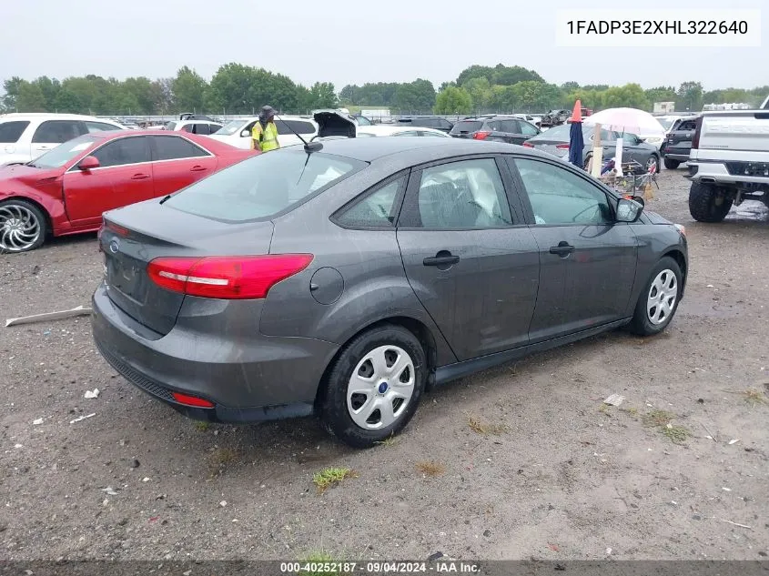 2017 Ford Focus S VIN: 1FADP3E2XHL322640 Lot: 40252187