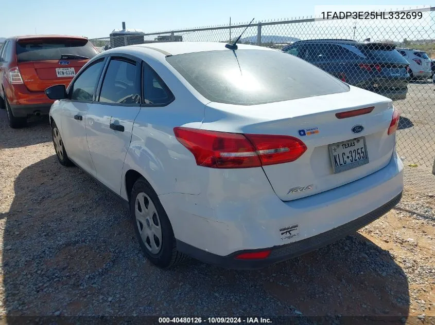 2017 Ford Focus S VIN: 1FADP3E25HL332699 Lot: 40480126