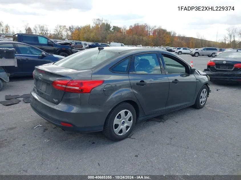 2017 Ford Focus S VIN: 1FADP3E2XHL229374 Lot: 40685355