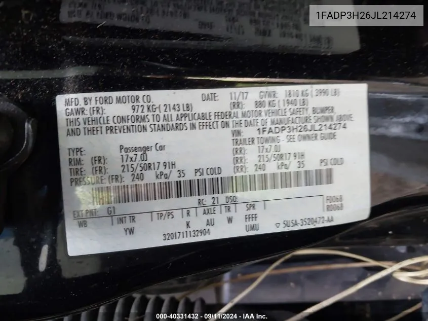 1FADP3H26JL214274 2018 Ford Focus Sel