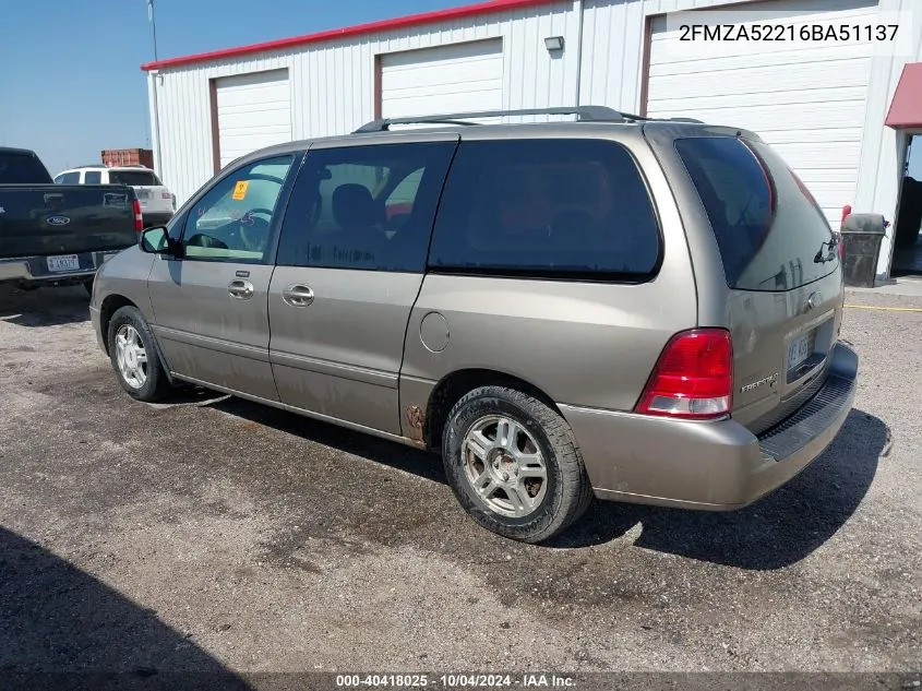 2006 Ford Freestar Sel VIN: 2FMZA52216BA51137 Lot: 40418025