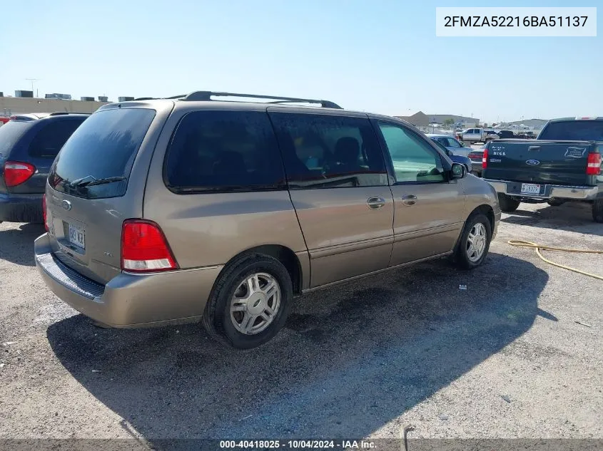 2006 Ford Freestar Sel VIN: 2FMZA52216BA51137 Lot: 40418025