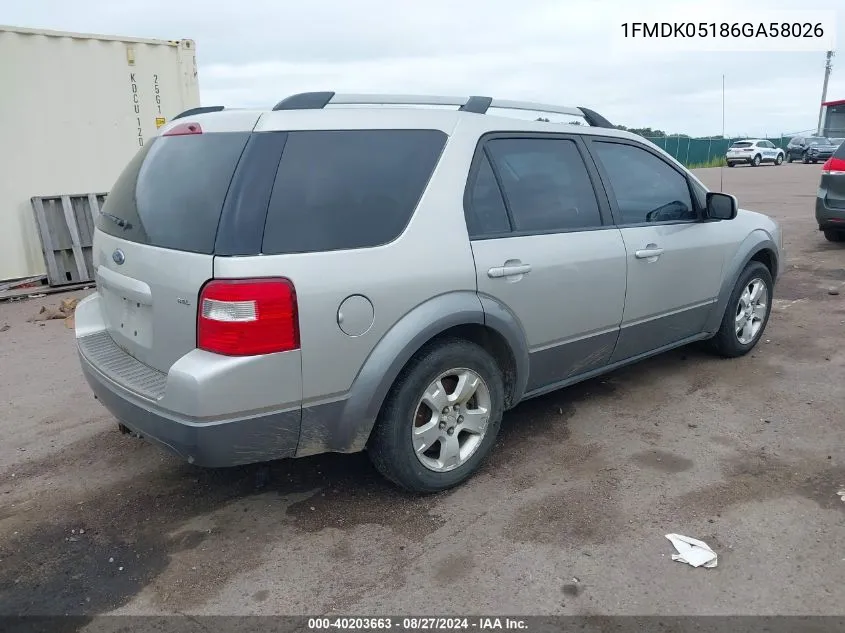 2006 Ford Freestyle Sel VIN: 1FMDK05186GA58026 Lot: 40203663