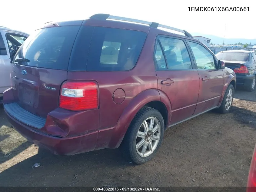 2006 Ford Freestyle Limited VIN: 1FMDK061X6GA00661 Lot: 40322875