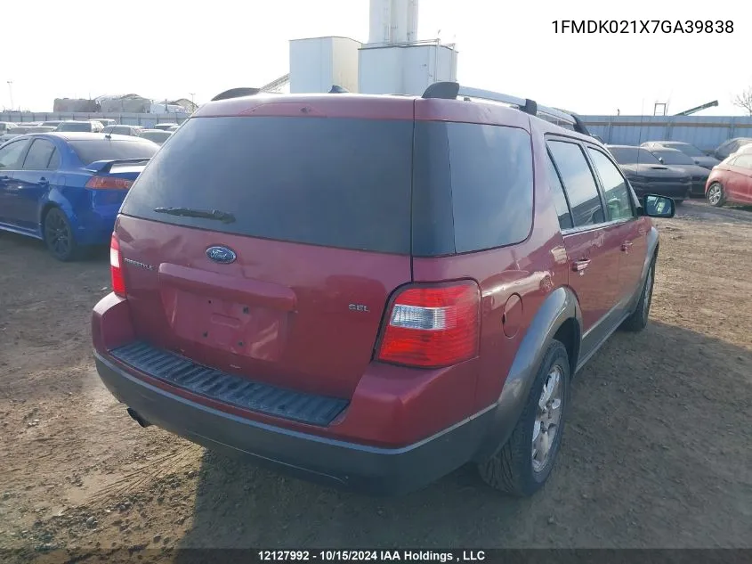 2007 Ford Freestyle Sel VIN: 1FMDK021X7GA39838 Lot: 12127992