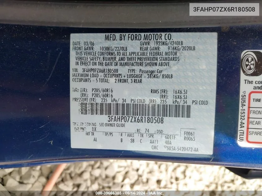 3FAHP07ZX6R180508 2006 Ford Fusion Se