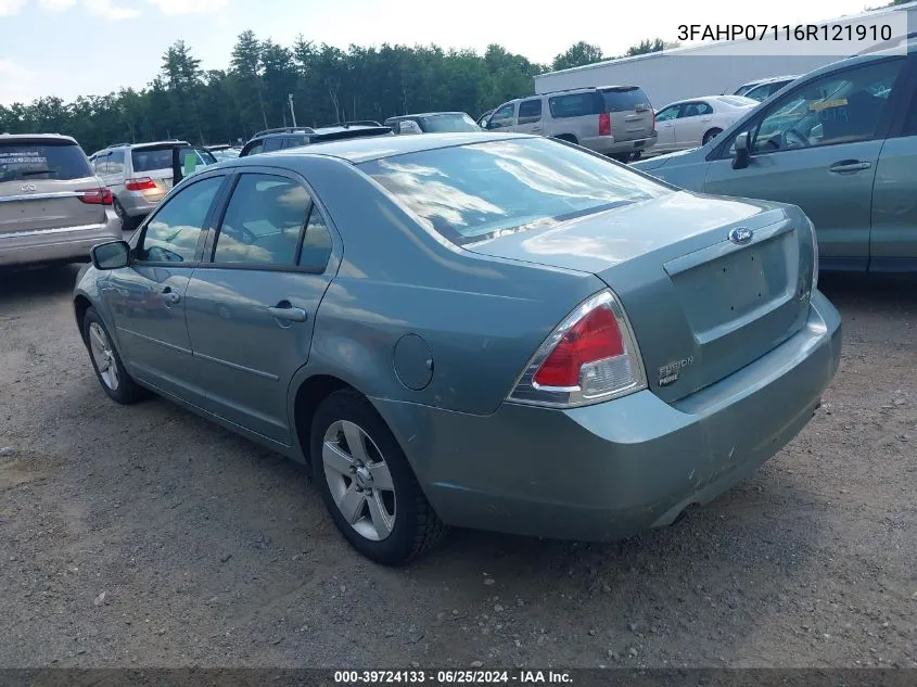 2006 Ford Fusion Se VIN: 3FAHP07116R121910 Lot: 39724133