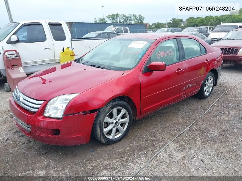 2006 Ford Fusion Se VIN: 3FAFP07106R248204 Lot: 39886571