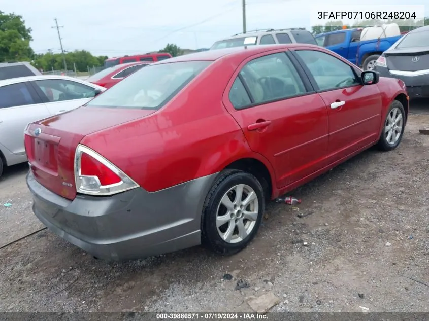 2006 Ford Fusion Se VIN: 3FAFP07106R248204 Lot: 39886571