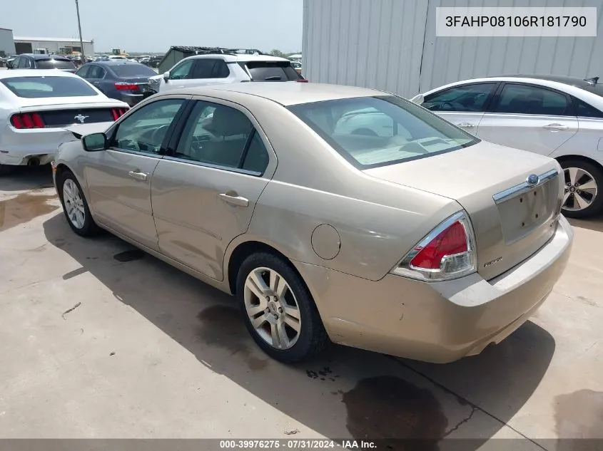 2006 Ford Fusion Sel VIN: 3FAHP08106R181790 Lot: 39976275