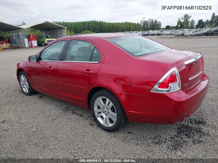 2006 Ford Fusion Sel VIN: 3FAFP08166R102520 Lot: 40088412