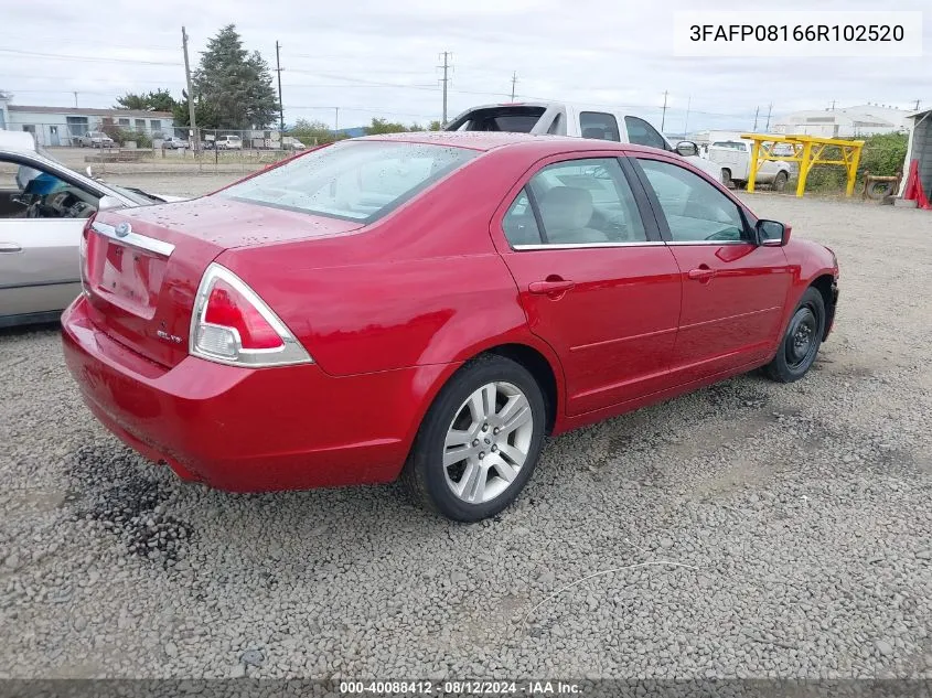 2006 Ford Fusion Sel VIN: 3FAFP08166R102520 Lot: 40088412