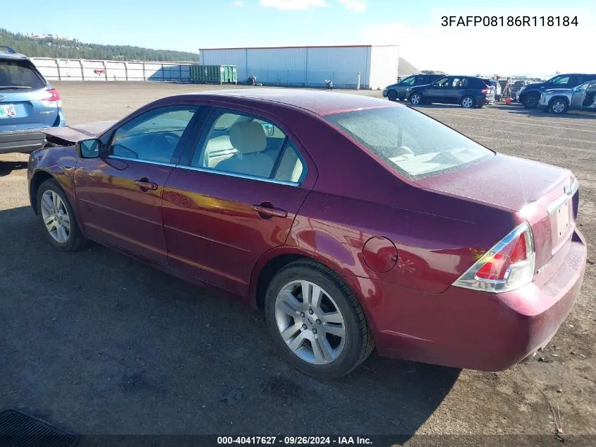 2006 Ford Fusion Sel VIN: 3FAFP08186R118184 Lot: 40417627