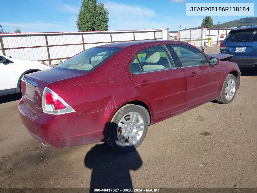 2006 Ford Fusion Sel VIN: 3FAFP08186R118184 Lot: 40417627