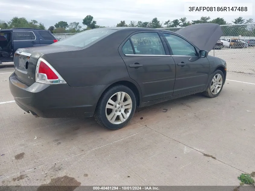 2006 Ford Fusion Sel VIN: 3FAFP08186R147488 Lot: 40481294