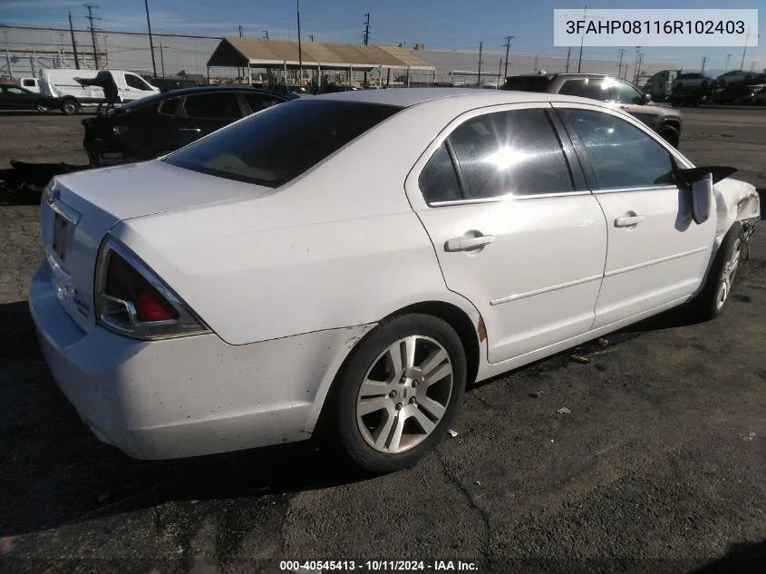 2006 Ford Fusion Sel VIN: 3FAHP08116R102403 Lot: 40545413