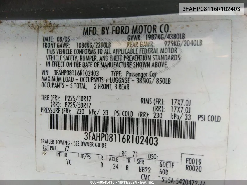 2006 Ford Fusion Sel VIN: 3FAHP08116R102403 Lot: 40545413