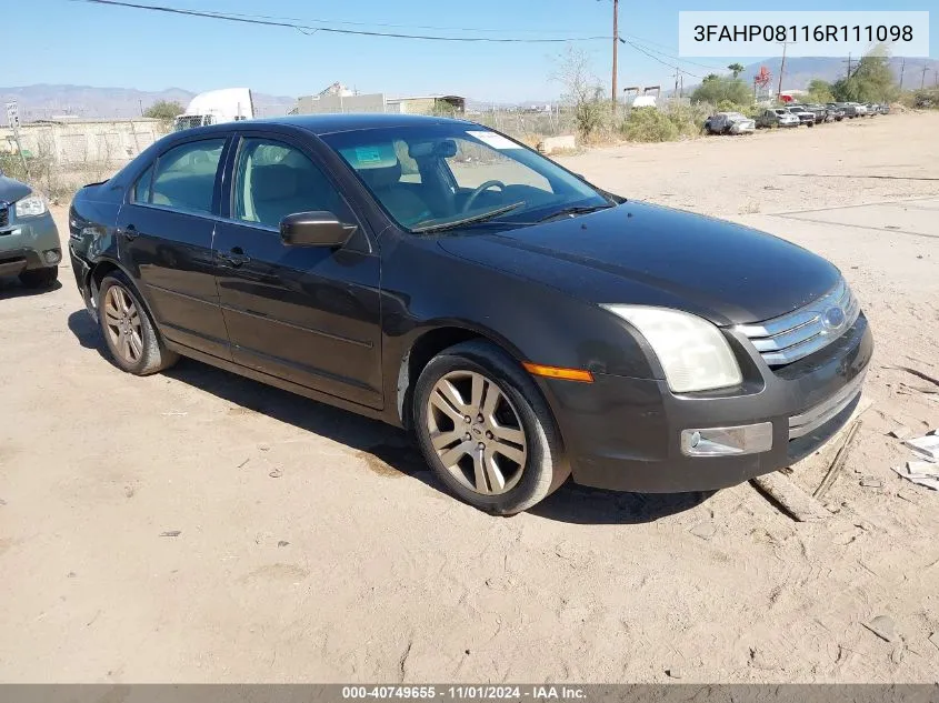 2006 Ford Fusion Sel VIN: 3FAHP08116R111098 Lot: 40749655