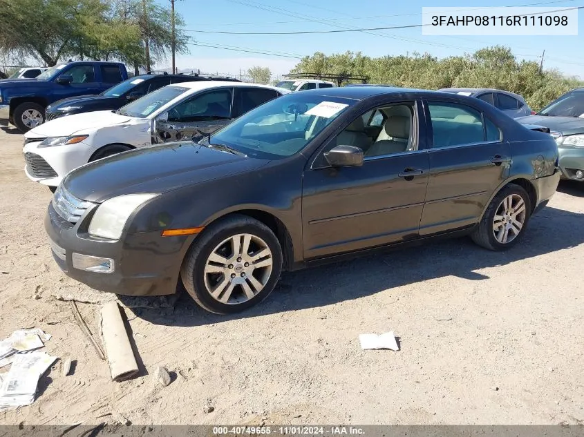 2006 Ford Fusion Sel VIN: 3FAHP08116R111098 Lot: 40749655