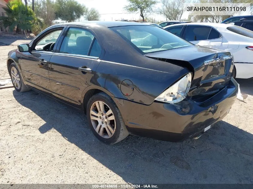 2006 Ford Fusion Sel VIN: 3FAHP08116R111098 Lot: 40749655