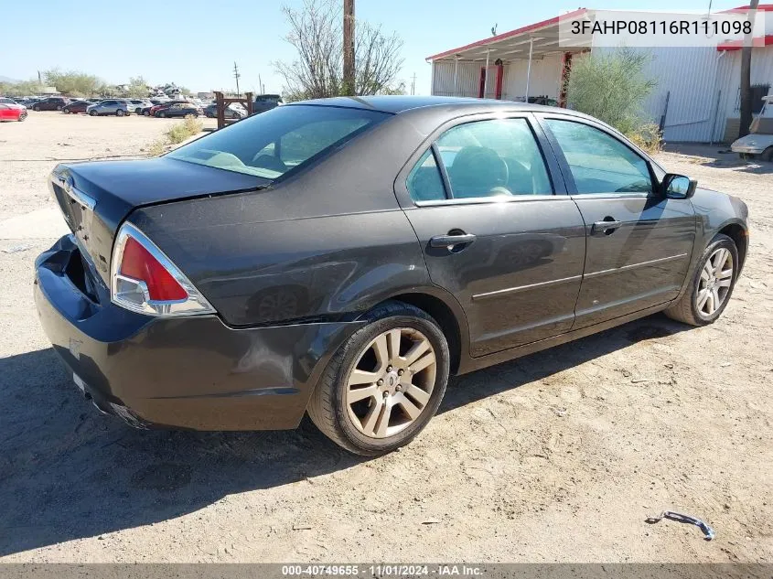 2006 Ford Fusion Sel VIN: 3FAHP08116R111098 Lot: 40749655