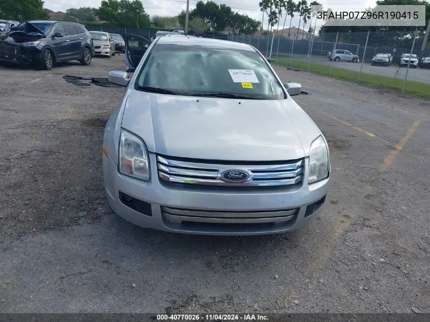 2006 Ford Fusion Se VIN: 3FAHP07Z96R190415 Lot: 40770026