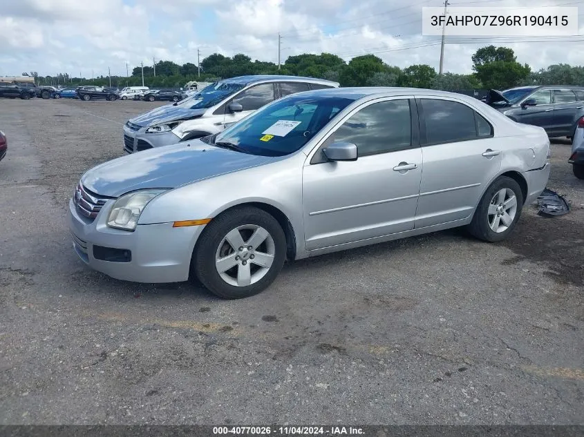 2006 Ford Fusion Se VIN: 3FAHP07Z96R190415 Lot: 40770026