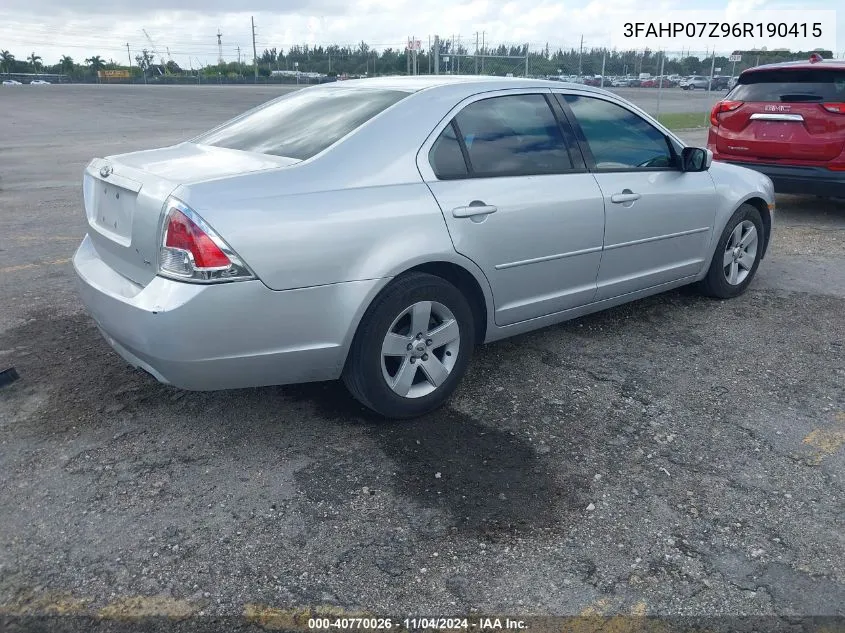 2006 Ford Fusion Se VIN: 3FAHP07Z96R190415 Lot: 40770026