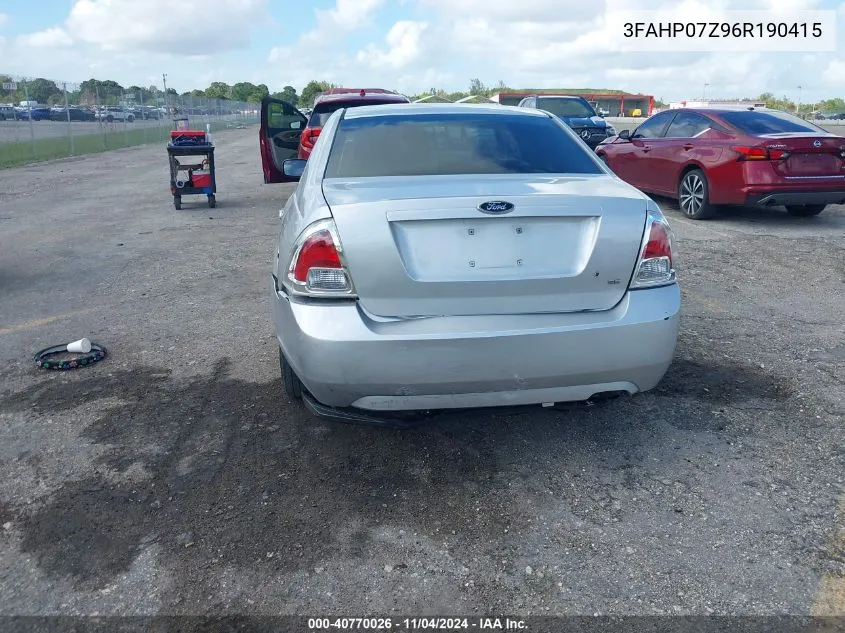 2006 Ford Fusion Se VIN: 3FAHP07Z96R190415 Lot: 40770026