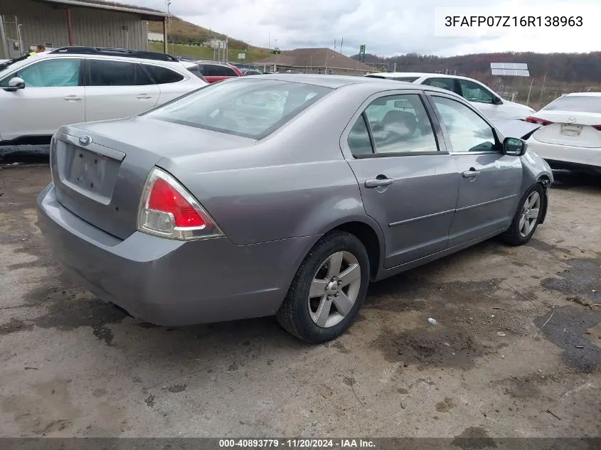 2006 Ford Fusion Se VIN: 3FAFP07Z16R138963 Lot: 40893779