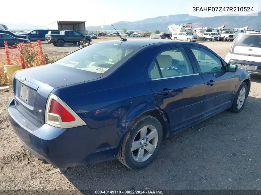 2007 Ford Fusion Se VIN: 3FAHP07Z47R210524 Lot: 40149119