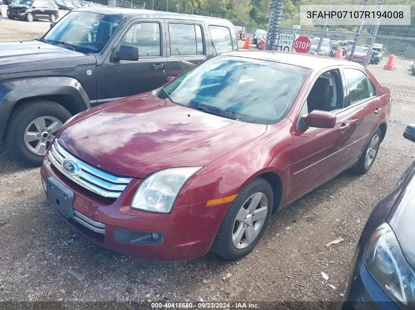 2007 Ford Fusion Se VIN: 3FAHP07107R194008 Lot: 40418680