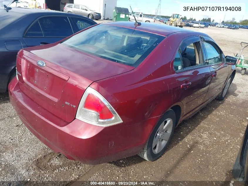 3FAHP07107R194008 2007 Ford Fusion Se