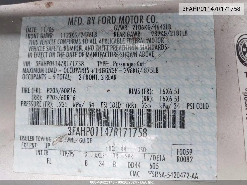 3FAHP01147R171758 2007 Ford Fusion Se