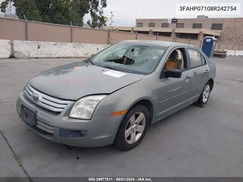 2008 Ford Fusion Se VIN: 3FAHP07108R242754 Lot: 39977511